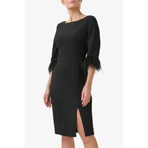 NEW Adrianna Papell Womens 6 Black 3/4 Sleeve Feather Trim Sheath Dress